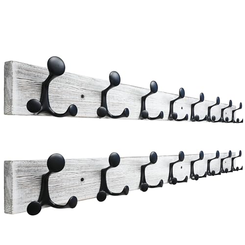 SKOLOO 43-Inch Wood Coat Rack Wall Mount with 8 Triple Hooks - Ideal for Family Entrances, Classrooms, and Pet Supplies Storage - Perfect Coat Hooks for Wall,Distressed White Wash, Pack of 2