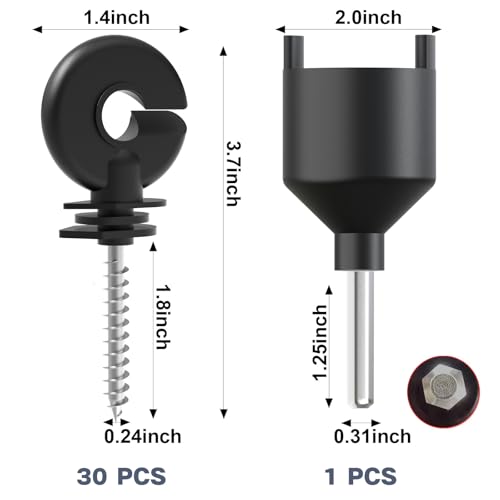 NQN 30 Pcs Black Electric Fence Insulator Screw-in Insulator Fence Ring Post Wood Post Insulator and 1 Pc Free Insulator Socket Tool (Grid System Accessories for Animal Husbandry Electronic)