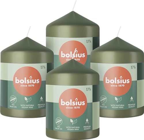 Bolsius Candele a colonna - colore verde - confezione da 4 – 8 x 6 cm – lunga durata di 17 ore – non profumate – cera vegana naturale – senza olio di palma
