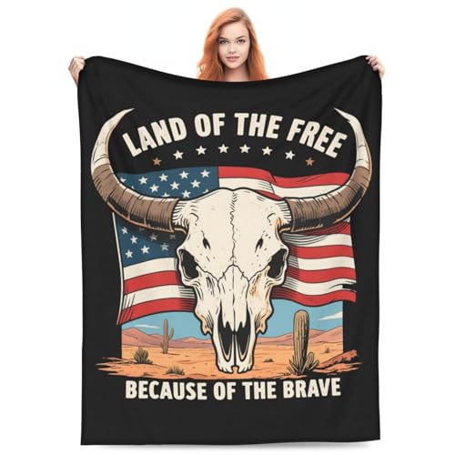 Patriotic Bull Skull Flannel Throw Blanket, Soft, Warm and Cozy for Couch, Bed, Office, and Travel, Versatile All-Season Gift 80"X60"