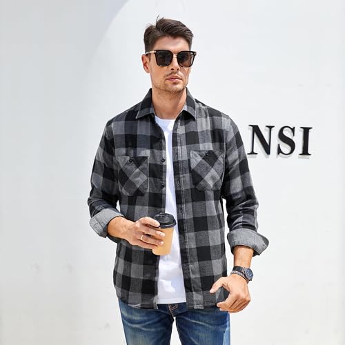Mens Flannel Shirts Long Sleeve Flannel Shirt for Men Button Down Long Sleeve Shirts Regular Fit Mens Plaid Flannel Shirt Men's Casual Button Down Shirts, Large Grey/Black - Image 3