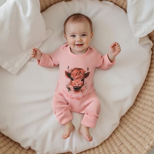 New To The Herd Baby Girl Outfit Highland Cow Romper Newborn Long Sleeve Western Ribbed Knit Fall Jumpsuit Headband2
