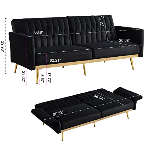 Ttgieet Velvet Convertible Futon Sofa Bed With Golden Metal Legs, 70" Tufted Loveseat Couch Sleeper Futon Sofa With Adjustable Armrests For Home Living Room Bedroom (Black) #TOP1
