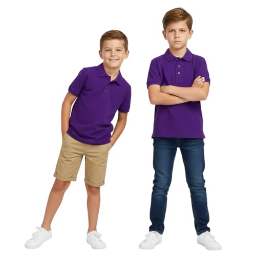 Image of HUBIBUBI 2 Pack Boys Plain 100% Polyester Kids Summer Short Sleeve School T-Shirts Polo Shirts Children School T-Shirt Uniform Age 3 to 16 Years Purple