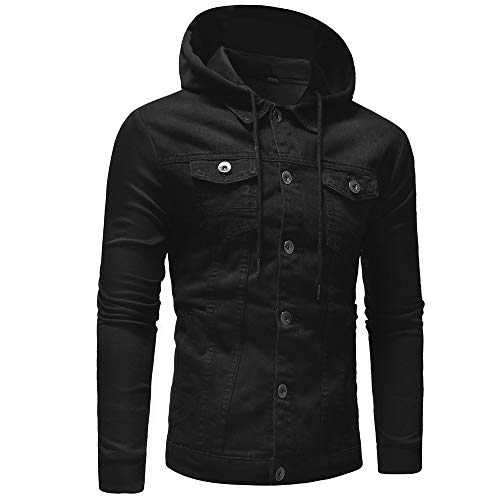 Wuai-Men Denim Hoodie Jacket Casual Slim Fit Button Down Military Jeans Trucker Jean Coat(Black,Medium) #TOP3
