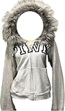 dsumvns Womens Zip Up Hoodies Fleece Y2K Fur Hood Jacket Letter Printed Long Sleeve Sweatshirt With Pockets Streetwear Gray
