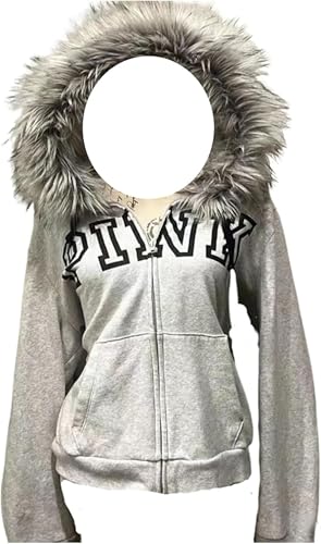 dsumvns Womens Zip Up Hoodies Fleece Y2K Fur Hood Jacket Letter Printed Long Sleeve Sweatshirt With Pockets Streetwear Gray