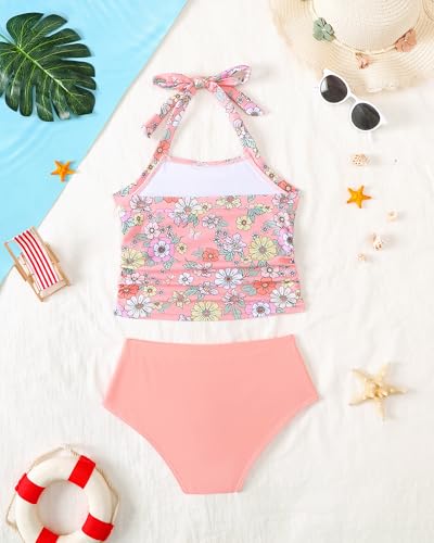Image of Saeaby Toddler Little Girls Swimsuit Summer Halter Ruched Tankini 2 Piece Bathing Suit for Girl Beach Swimwear 3-8Y