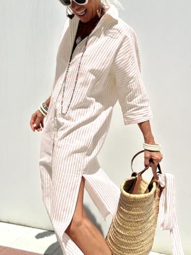 Image of chouyatou Women's Summer 3 /4 Sleeve Striped Shirt Dress Belted Maxi Long Casual Button Down Beach Dress