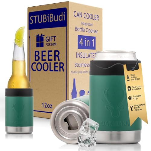 Image of Stainless Steel Beer Cooler With Bottle Opener, Vacuum Insulated Can Cooler 12 oz for Bottles Cans, 4-in-1 Universal Insulator Coozy for Bottles Cans, Best Gifts for Beer Lovers (Green)