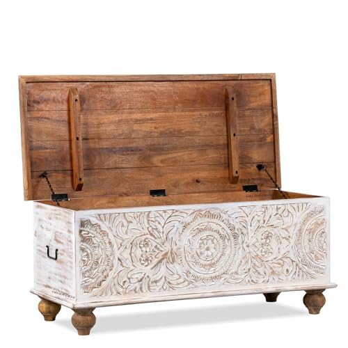 Image of Natura Solid Wood Coffee Table for Living Room Wooden Trunk Box for Storage | Handcrafted Center Table for Living Room with Sandook Storage | Pitara for Home (White Distress and Natural)