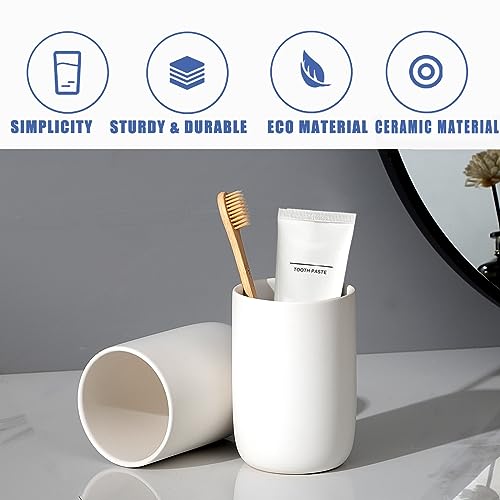 BSDISP Toothbrush Holders for Bathrooms - 2 Cups Ceramic Toothbrush Toothpaste Holders Set, White Bathroom Tumbler Cups Reusable Toothbrush Mouthwash Cup, Bathroom Counter Organizer