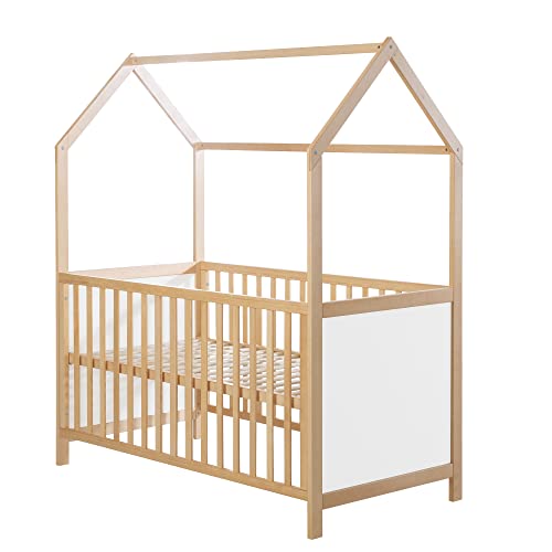 roba Lit Bébé Cabane Évolutif 70x140 - Convertible en Canapé - Réglable en Hauteur - Naturel et Blanc