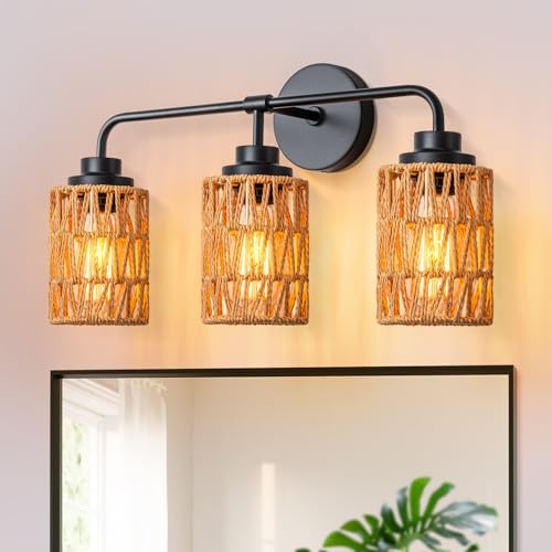 Rustic Rattan Bathroom Vanity Wall Sconce Light