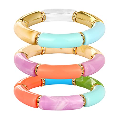 Bamboo Tube Bracelet Chunky Bangle Gold Stacking Bangles Acrylic Clear Stretchable Colorful Beads Friendship Bracelets Gift For Women (colorful rainbow)