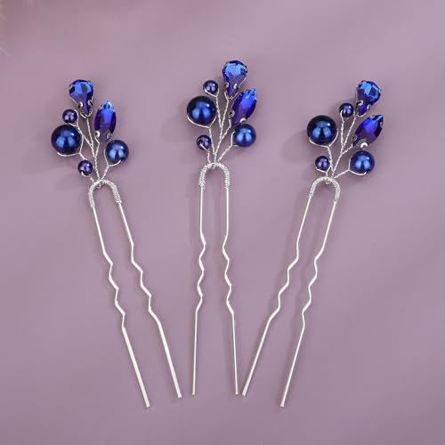 Teyglen Crystal Bride Wedding Hair Pins Blue Pearl Hair Pins Clips Wedding Hair Accessories for Bride Rhinestone Pearl Headpiece Crystal Bridal Hair Piece for Women Girls (Blue)
