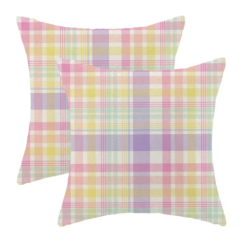 Sorktse Easter Pillow Covers 18x18 Inch Pink Purple Buffalo Plaid Throw Pillow Covers Set of 2 Farmhouse Spring Easter Tartan Plaid Pillowcases Outdoor Decor for Living Room Bedroom Linen Cushion