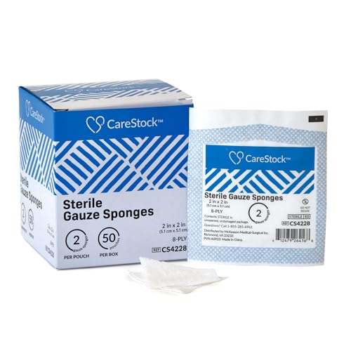 CareStock Gauze Sponge, 2 x 2 in. 8-Ply - Highly Absorbent, Medical-Grade Cotton Wound Dressing, First-Aid Essential - Sterile, 2 per Pack, 50 Packs, 100 Total
