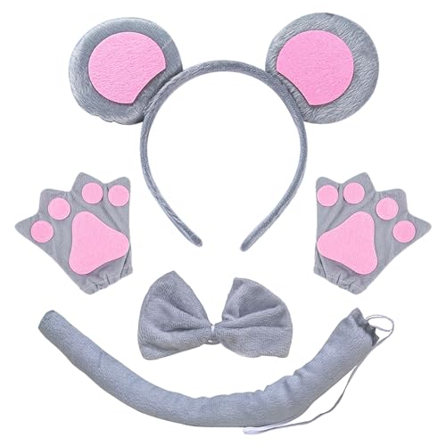 TSHAOUN 4-teiliges Tier-Kostüm-Set, Maus-Ohren, Stirnband, Schwanz, Fliege, Handschuhe, Verkleidungs-Set, für Kindergeburtstag, Party, Karneval, Cosplay, Weihnachten, Party-Dekoration, Zubehör (grau)