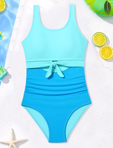 Image of Qaoerde Girls Swimsuit One Piece Swimsuits Cutout Ruched Bathing Suits Adjustable Straps Tie Girls' Swimwear 9-16Y