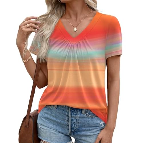 LOMON Womens Summer Tops Short Sleeve V Neck Pleated T-Shirts Loose Fit Dressy Casual Blouses S-XXL
