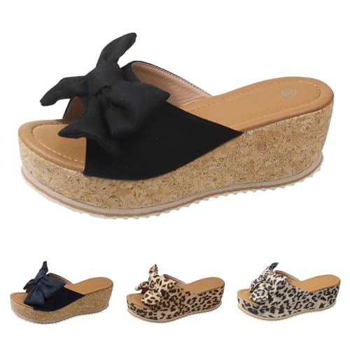 Platform Slip On Sandals for Women, Leopard Bow Decoration Walking Slippers, Casual Wedge Sandals, Dressy Vacation Sandal, Comfortable Open Toe Slippers Breathable Summer Shoes Barefoot Footwear