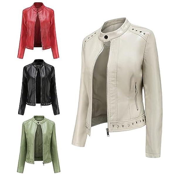 Adhdyuud Vrouwen Korte PU Lederen Jas Klinknagel Herfst Casual Lange Mouw Slanke Stand Kraag Jassen Jas