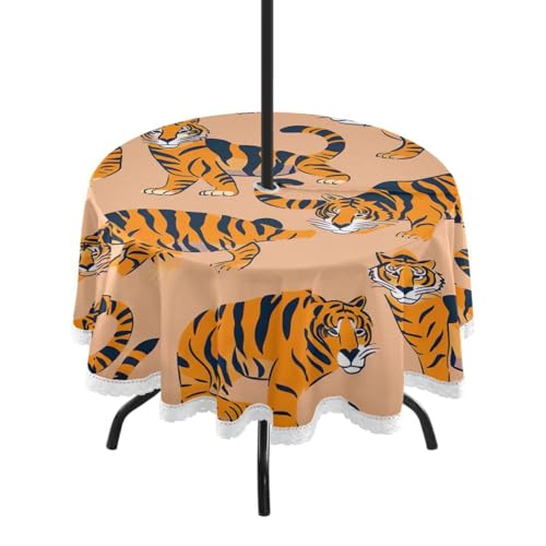 Wajiw 60 Inch Indoor Outdoor Round Tablecloth with Umbrella Hole and Zipper Waterproof Patio Table Cover for Camping Dining Room Party Outdoor Picnic,Tiger