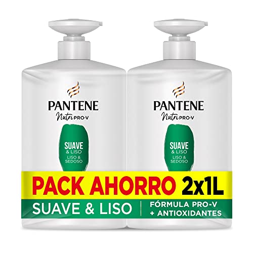 Pantene Champú Suave & Liso Nutri Pro-V, fórmula Pro-V + antioxidantes, para cabello encrespado y rebelde, con vitaminas para el cabello, 1 litro x 2 Cover