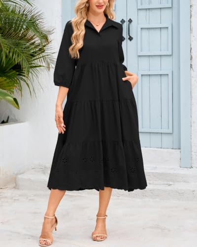 Image of Women Button Down Maxi Shirt Dress Long Sleeve Flowy Tiered Collared Dresses with Pockets