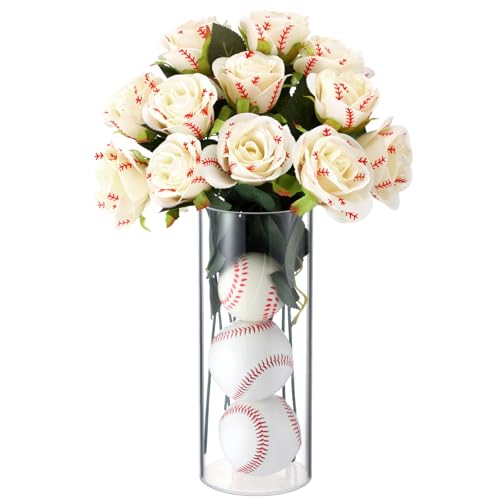 Suncalla 12 Pcs Baseball Rose with Leaves Bulk Artificial Fake White Roses Decor Baseball Flower Gifts for Table Centerpieces Wedding Gift Ball Theme Rose Bouquet Party Favors Vases Not Included