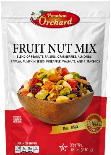 FRUIT NUT MIX TRAIL MIX by PREMIUM ORCHARD - Gourmet Trail Mix Bulk Blend of Mixed Nuts & Dried Fruit - Healthy Vegan Snacks, Snack Nut Mix, Plant Protein Source, Non-GMO, Natural - 18oz