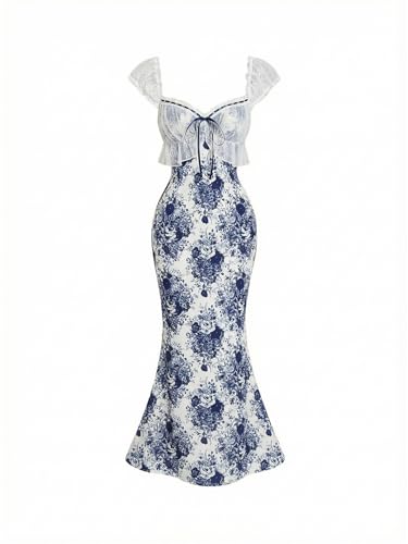 Image of GORGLITTER Women's Lace Floral Tea Party Vintage Maxi Dress Summer Graduation Cocktail Wedding Guest Fishtail Sundress