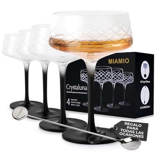 MIAMIO – Juego de 4 copas de cóctel de 280 ml con cuchara de bar, copas de cóctel de cristal sopladas a mano con tallo negro, copas de cóctel únicas, vodka martini, champán - Colección Crystaluna