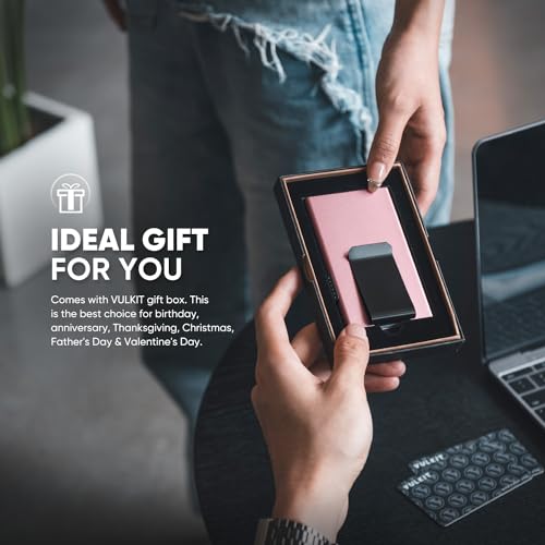 Image of VULKIT Minimalist Wallet with Money Clip RFID Protection Pop Up Card Holder Slim Wallet Credit Card Holder Metal Wallet, Rose Gold