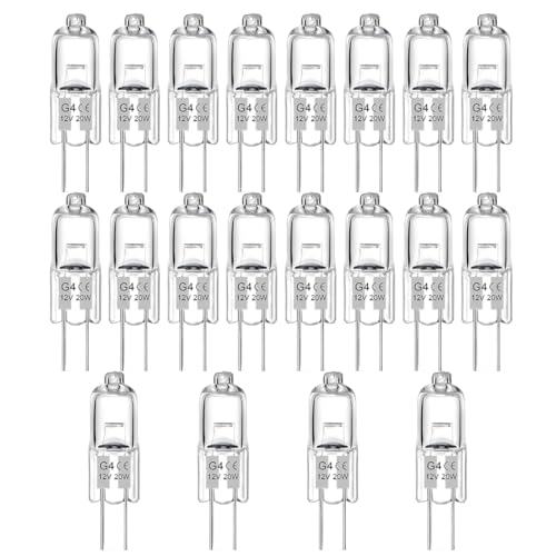 WUSJCOF Halógena Regulable, 20 Unidades, Lámparas de Cápsula Transparentes, Blanca Cálida, Apta para Campanas Extractoras, Cocinas, Salones, Dormitorios, Bombilla Horno (G4, 12V, 20W)