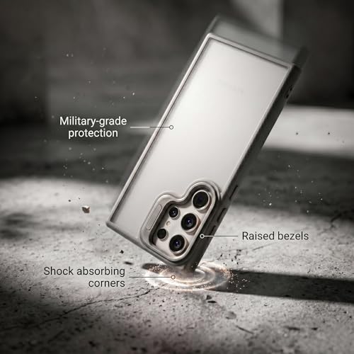 Image of amazon basics Frosted Matte Case for Samsung Galaxy S24 Ultra 5G | Built-in Flip-Out Camera Lens Stand | Translucent Back with Contrast Gray Bumper | Shockproof Protective Cover