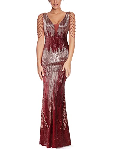 Image of Women 1920s Plus Size Formal Dress Tassels Sleeve Sequins Gatsby Maxi Evening Gown