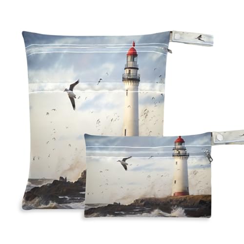 ATTX Dark Sky Lighthouse Wet Dry Bags 2-Pack - Reusable Cloth Diaper Storage for Travel, Beach & Gym | Multi-Use Waterproof Bags for Swimsuits, Baby Clothes, Sports Gear#210