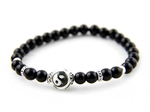 agathe création P162014 Bracelet tibetain Porte Bonheur - Perle Centrale Yin Yang en céramique - Perles en Pierres d'onyx - Perles en Argent 925 - Noir - Taille sur...