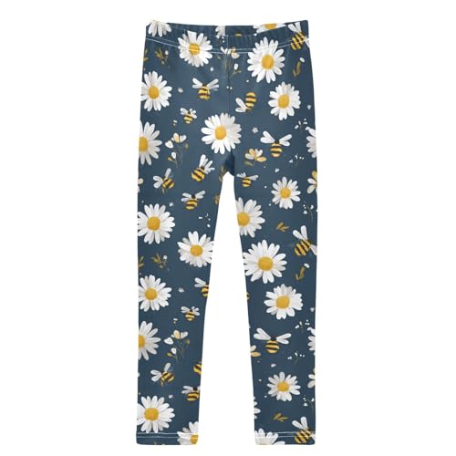 Boccsty White Daisies Yellow Cute Cartoon Bees Girls Leggings Kids Yoga Pants Dance Active Tights 4T