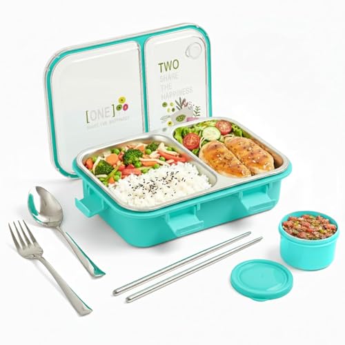 Image of Brand Conquer Lunch Box Leak-Proof BPA Free Stainless Steel for School, Lunch Box for School & Office with a Fork, a Spoon and a Pair of Chopsticks (Classic Blue, Happiness Lunch Box 2 Compartment)