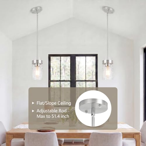 Image of Water Ripple Glass Pendant Lights Kitchen Island Brushed Nickel, 3 Pack | Adjustable Modern Mini Hanging Light for Sink Dining Room Foyer Entryway