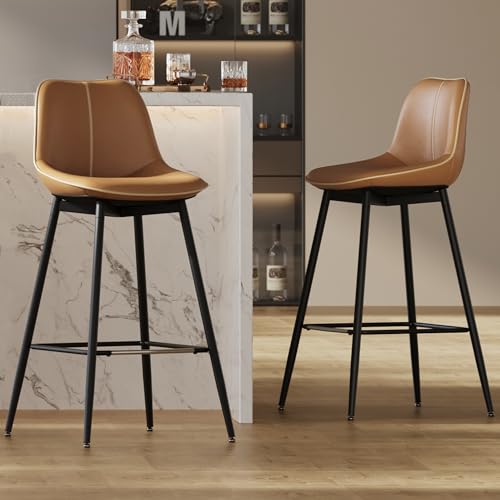 VASAGLE Bar Stools Set of 2, Bar Height Bar Stools with Back, Ergonomic Backrest, Synthetic Leather, Metal Legs, 28.5-Inch Tall Barstools for Kitchen Island Home Bar, Easy Assembly, Caramel Brown by VASAGLE - Used condition - US$82.27