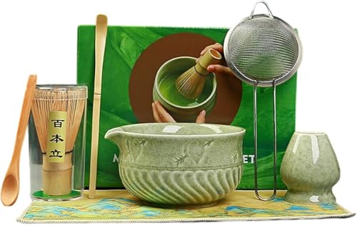 Set de Té Matcha de 7 Piezas – Incluye Chasen (batidor de bambú), Cuenco con Pico, Cuchara, Tamiz y Soporte – Kit de Ceremonia del Té Japonés para Principiantes y Expertos (verde)
