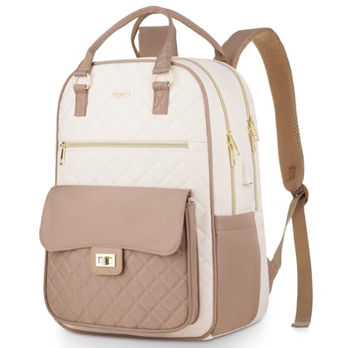 Image of School Backpack for Teen Girl,Aesthetic Schoolbag Bookbag with 15.6-Inch-Laptop Compartment for Women College Student Work Travel Nurse Teacher,Khaki-Beige