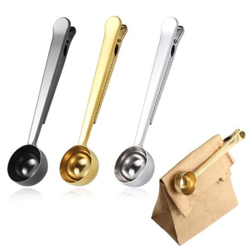 FDCGAS Cuchara medidora - 3 Piezas Cucharadas de Café con Clip de Bolsa,con Clip para Bolsa de café molido 3 en 1 Cuchara Medidora de Café de Acero Inoxidable con Clip para Café en Polvo,Frijoles