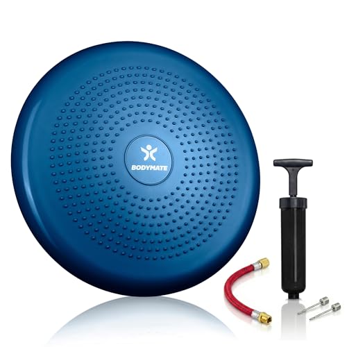 BODYMATE Ballsitzkissen inkl. Pumpe BLAU 34cm Durchmesser - Balance-Kissen, Luftkissen, Balance Pad, Noppenkissen - Core -, Fitness-, Reha-, Koordinations- und Rückentraining
