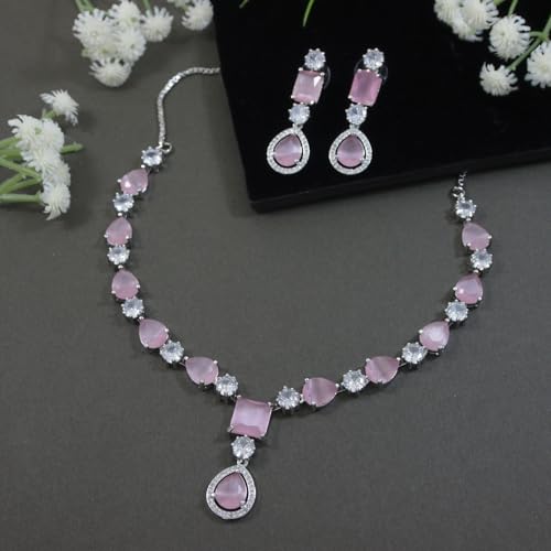 Image of I Jewels Silver Plated Cubic Zirconia American Diamond Valentines Special Necklace & Drop Earrings Jewellery Set for Women