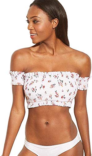 Xhilaration Women’s Smocked Cap Sleeve Bandeau Bikini Top (White Floral, D DD)